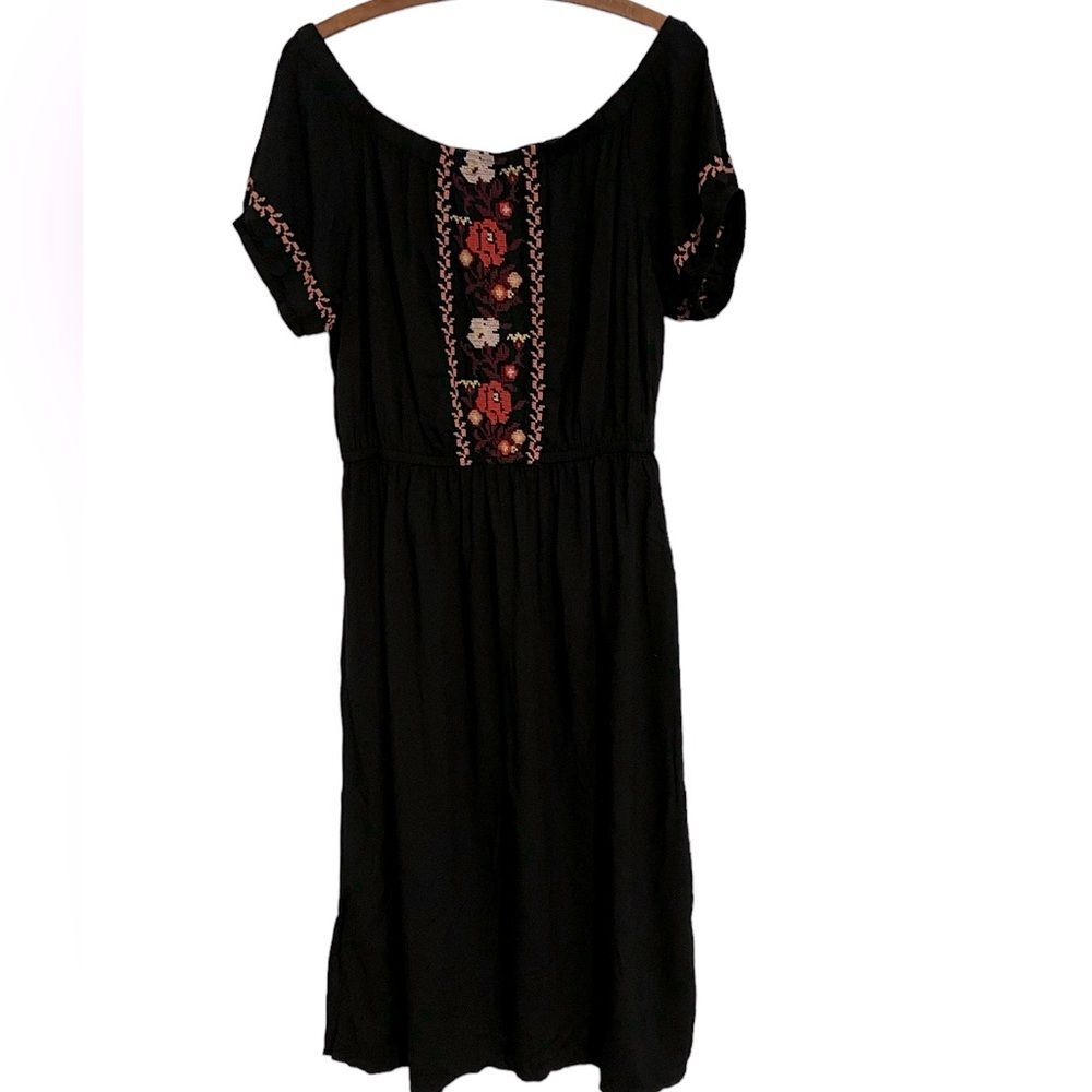 Black Embroidered Boho Midi Dress